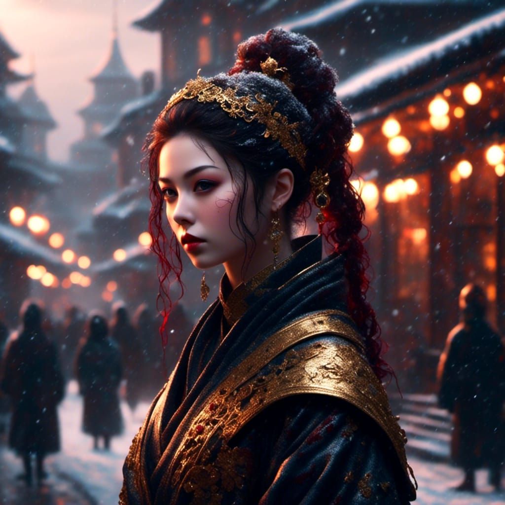 Beautiful Ninja in Snowy Russian Town, Hyperrealistic 8k