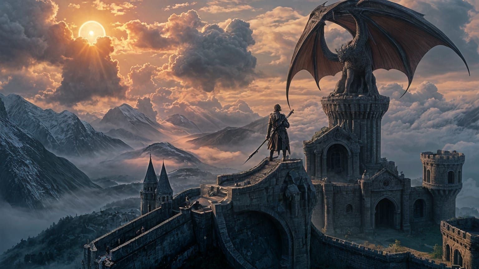Epic Fantasy Landscape with Dragon in Dark Souls Style