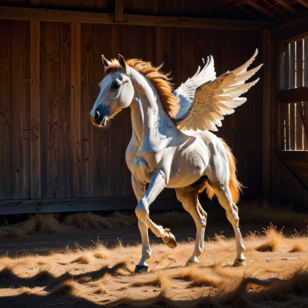Vibrant Fauvist Pegasus Foal Emerges in Golden Light