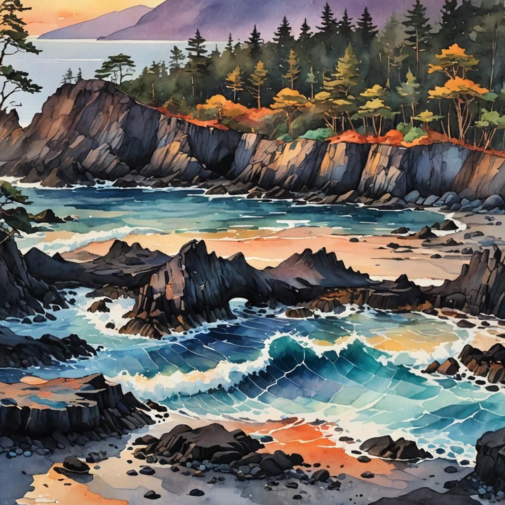 Volcanic Sunset Coastline in Watercolor Painting