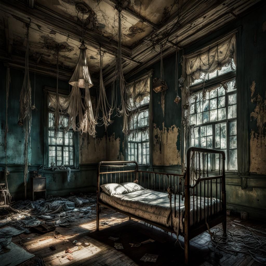 Eerie Abandoned Asylum Room with Hanging Dolls