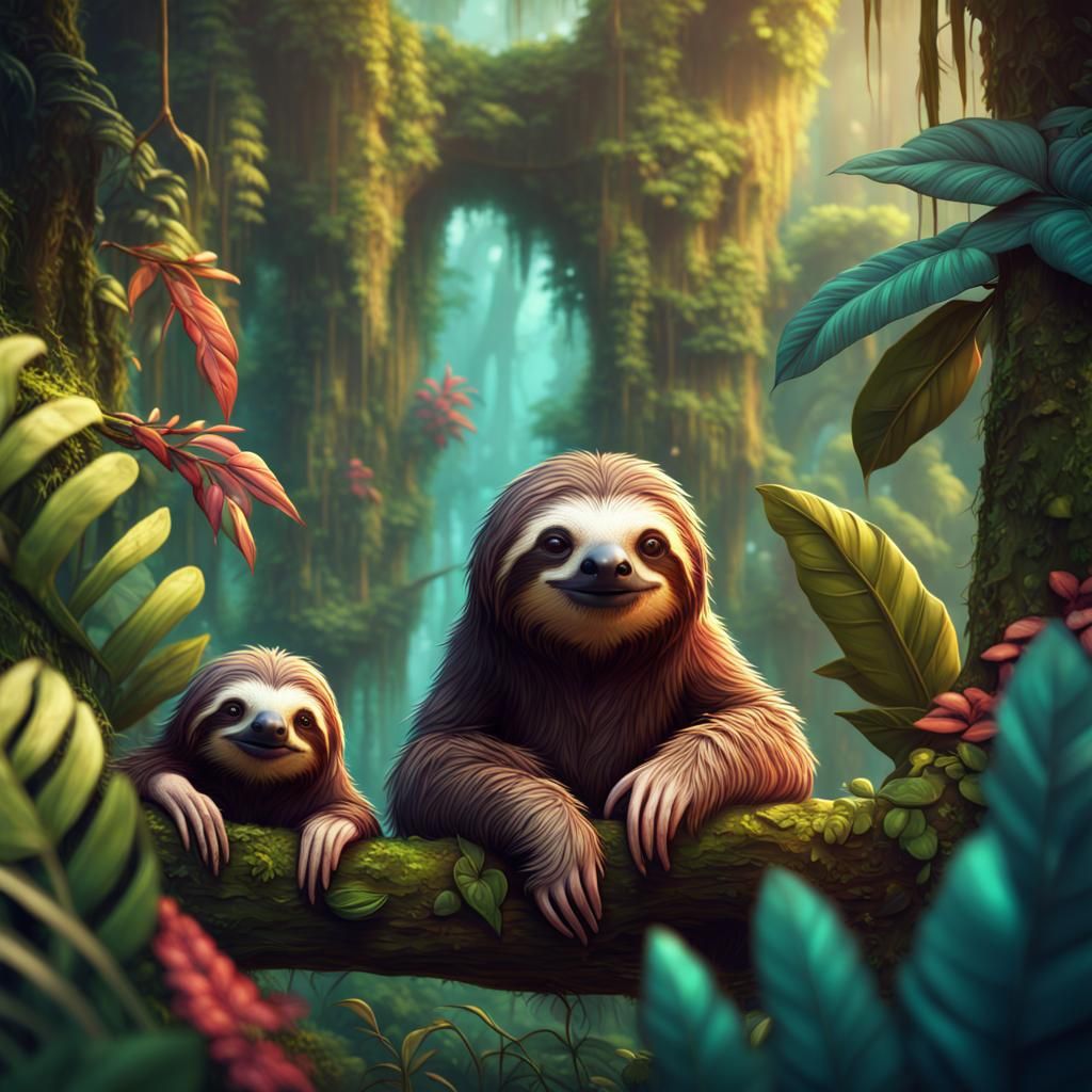 Cute Sloths in Jungle Fantasy Concept Art