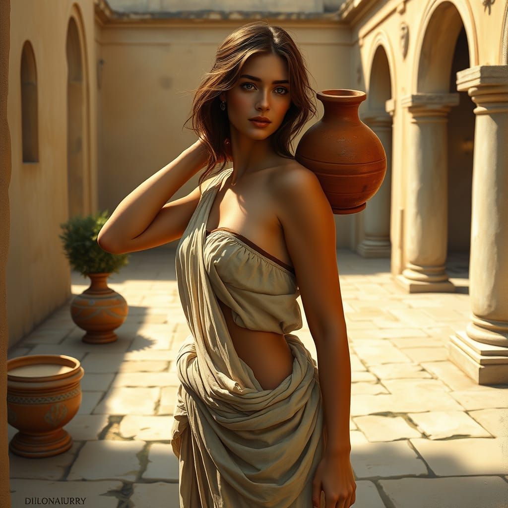 Woman Carrying Wine Jug in Ancient Greek Courtyard