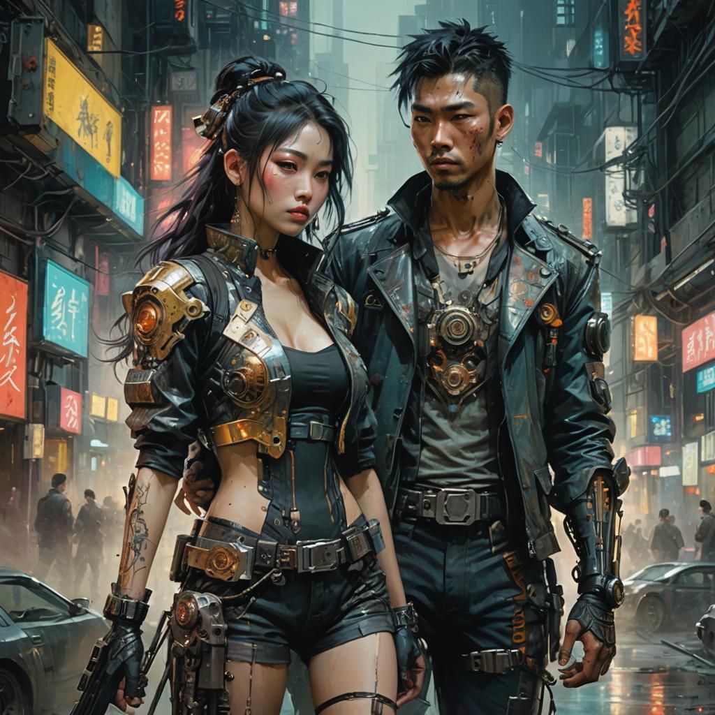 Cyberpunk Couple in Love, Hyperdetailed Painting