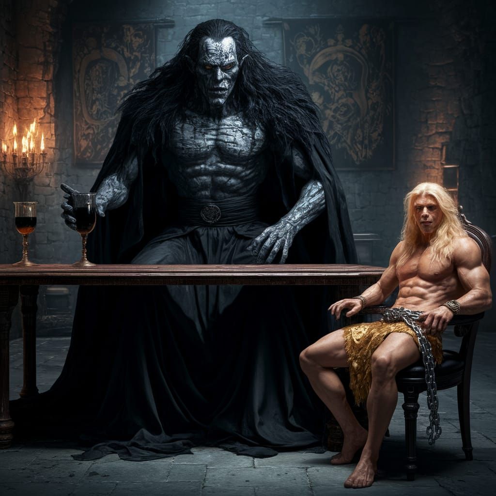 Dark Lord Sits Beside Captive in Ancient Castle Hall