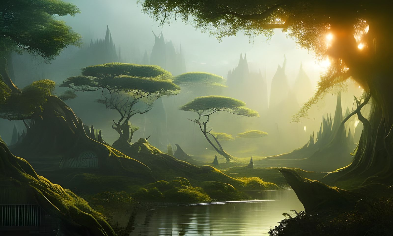Golden Raintree in Mystical Swamp, Dark Fantasy Art