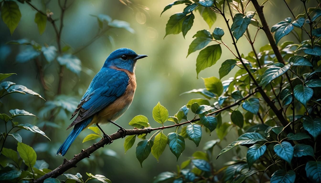 Bluebird in Lush Greenery, Tonalist Photograph