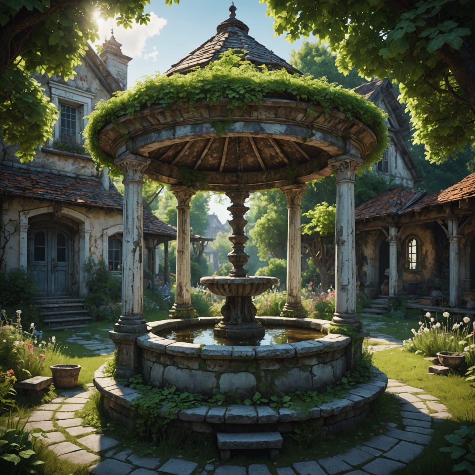 Luminous Well in Neglected Garden: Matte Painting