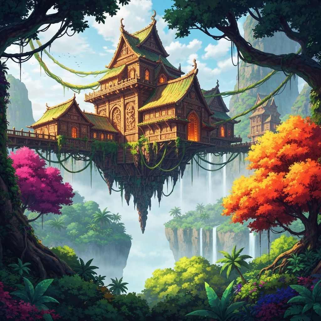 Elven Village in the Sky: Anime Style Tropical Landscape