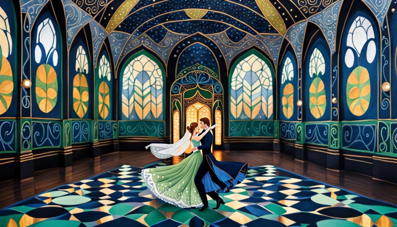 Dancing Royals in Futuristic Klimt Ballroom