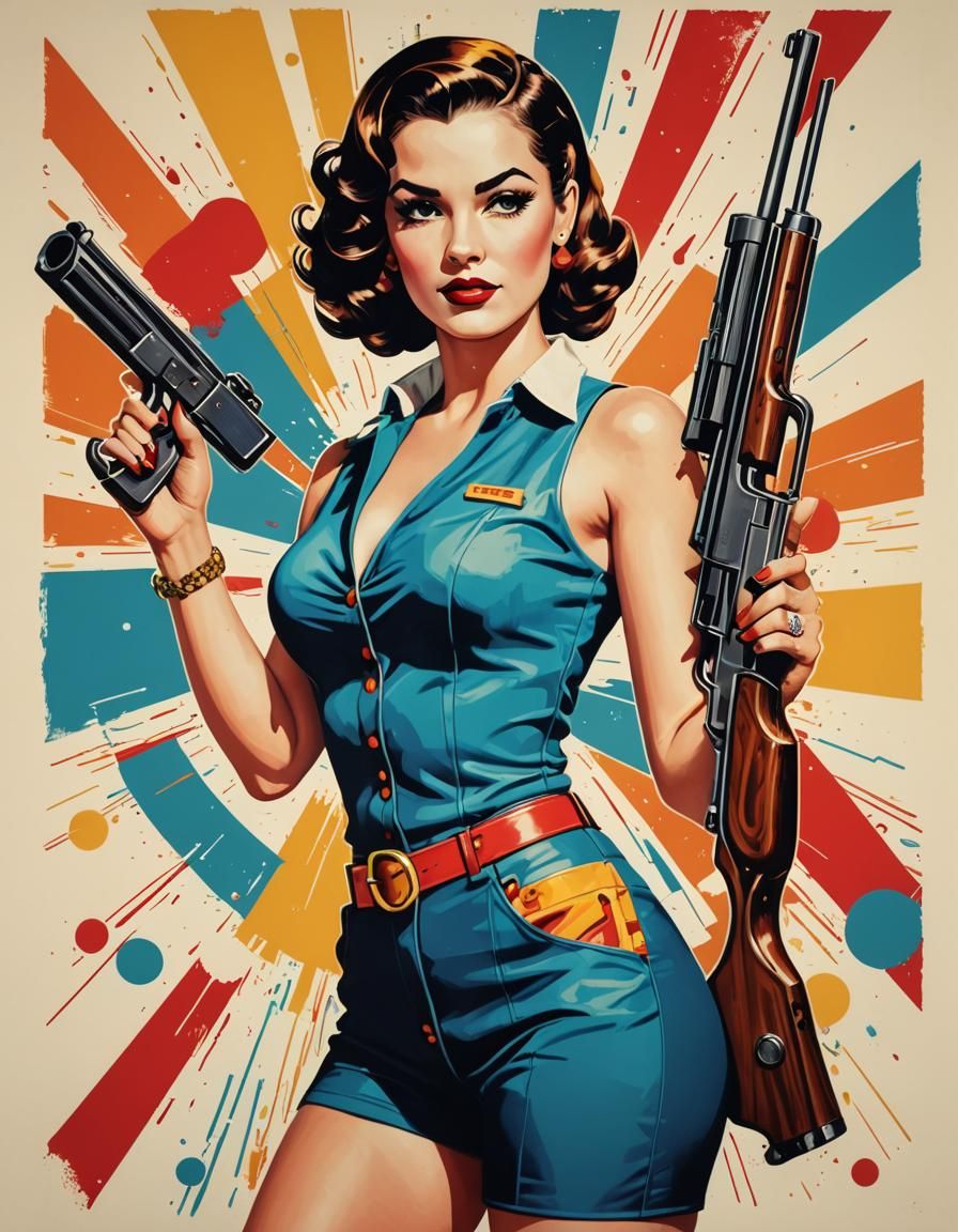 Pop Art Pin-Up with Shotgun in Bauhaus Style