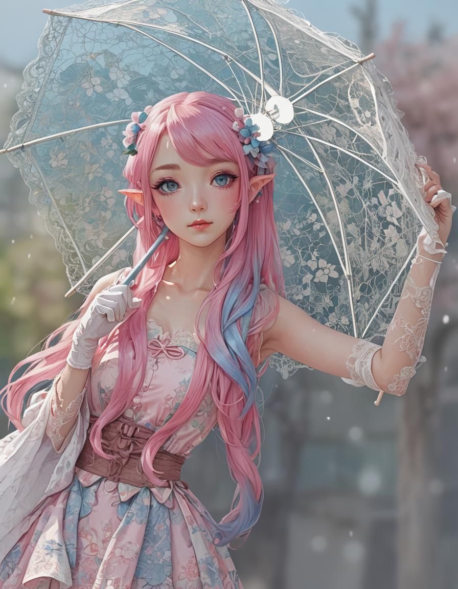 Anime Elf Girl with Lace Umbrella in Ukiyo-e Style