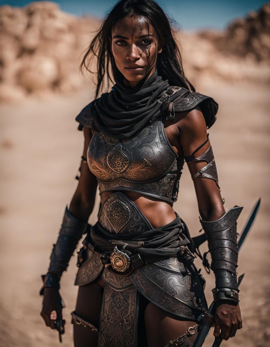 Dark Fantasy Desert Warrior Portrait in Film Grain