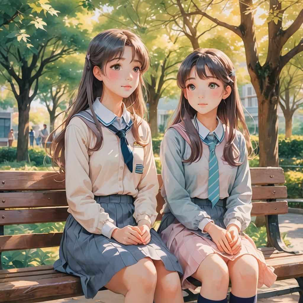 Anime Girls on Bench in Watercolor Style