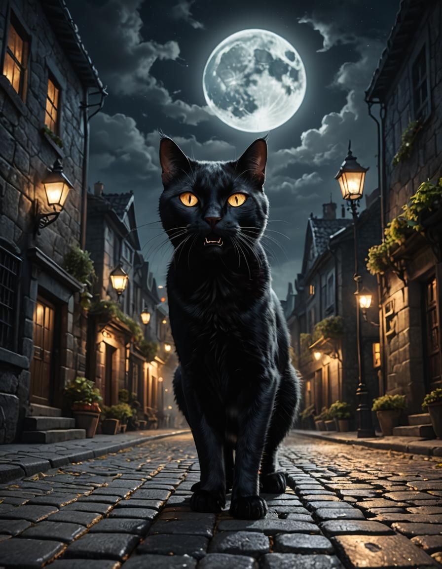 Black Cat Screaming Under the Moon, Fantasy Art