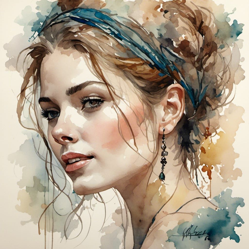 Stunning Woman's Portrait in Antique Watercolor Style