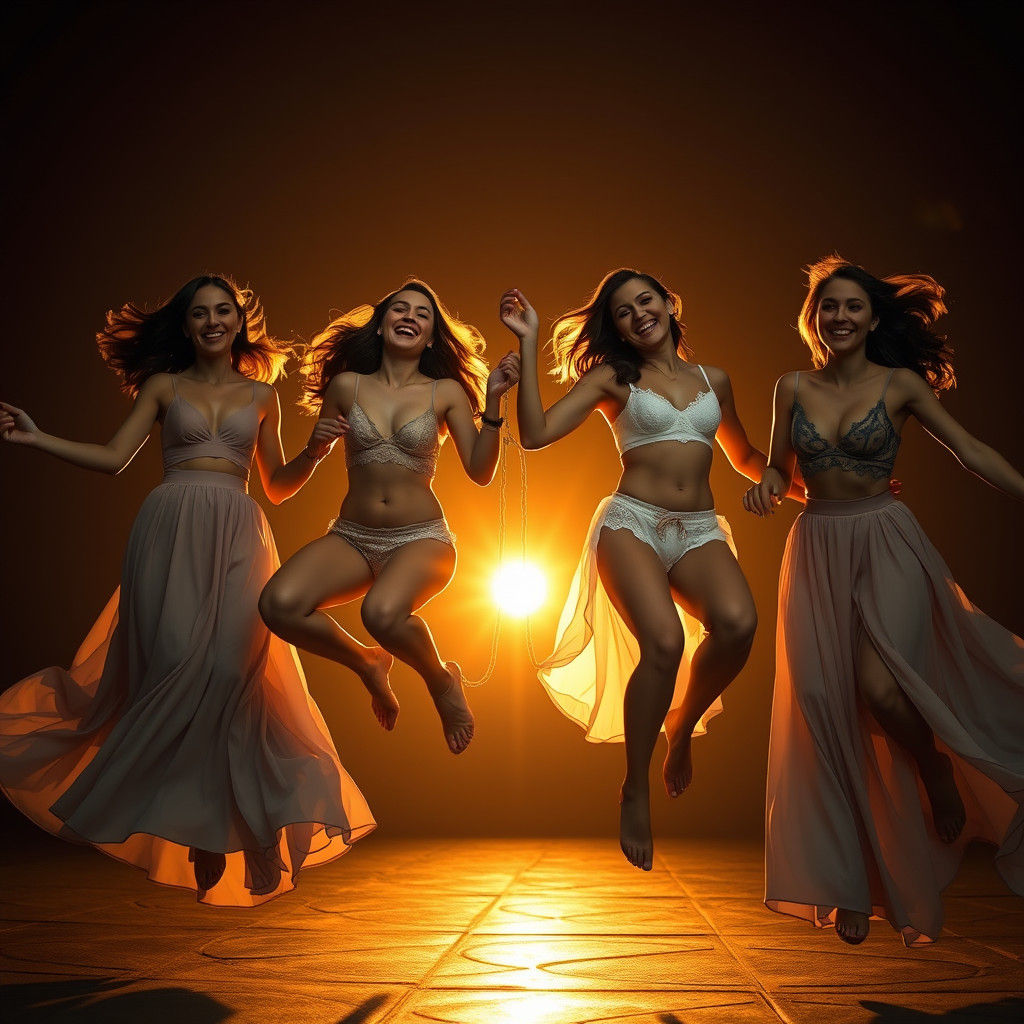 Women Playfully Skipping with Bras in Golden Light