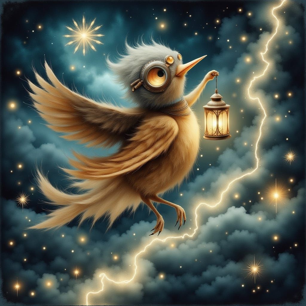Whimsical Bird in Stormy Sky, Vintage Illustration