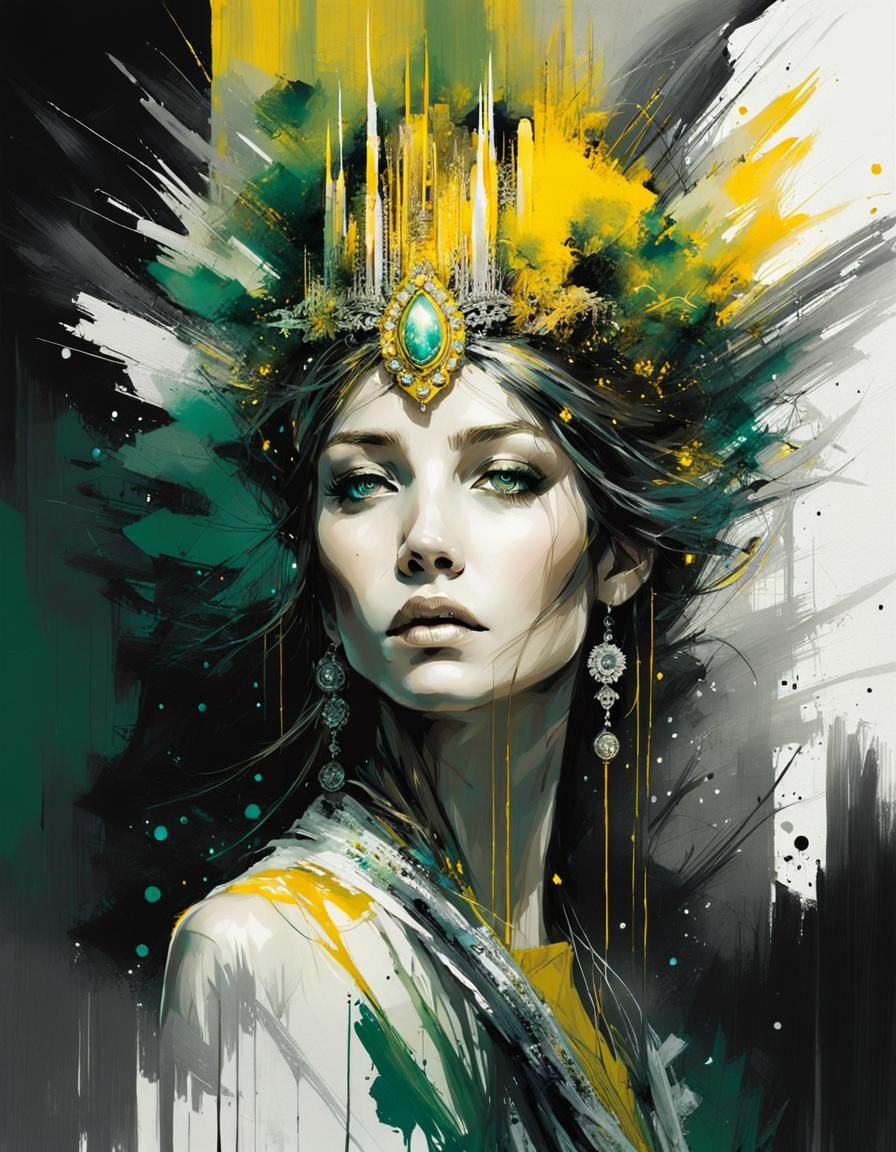 Beautiful Goddess in Elegant Dress with Ink Flow