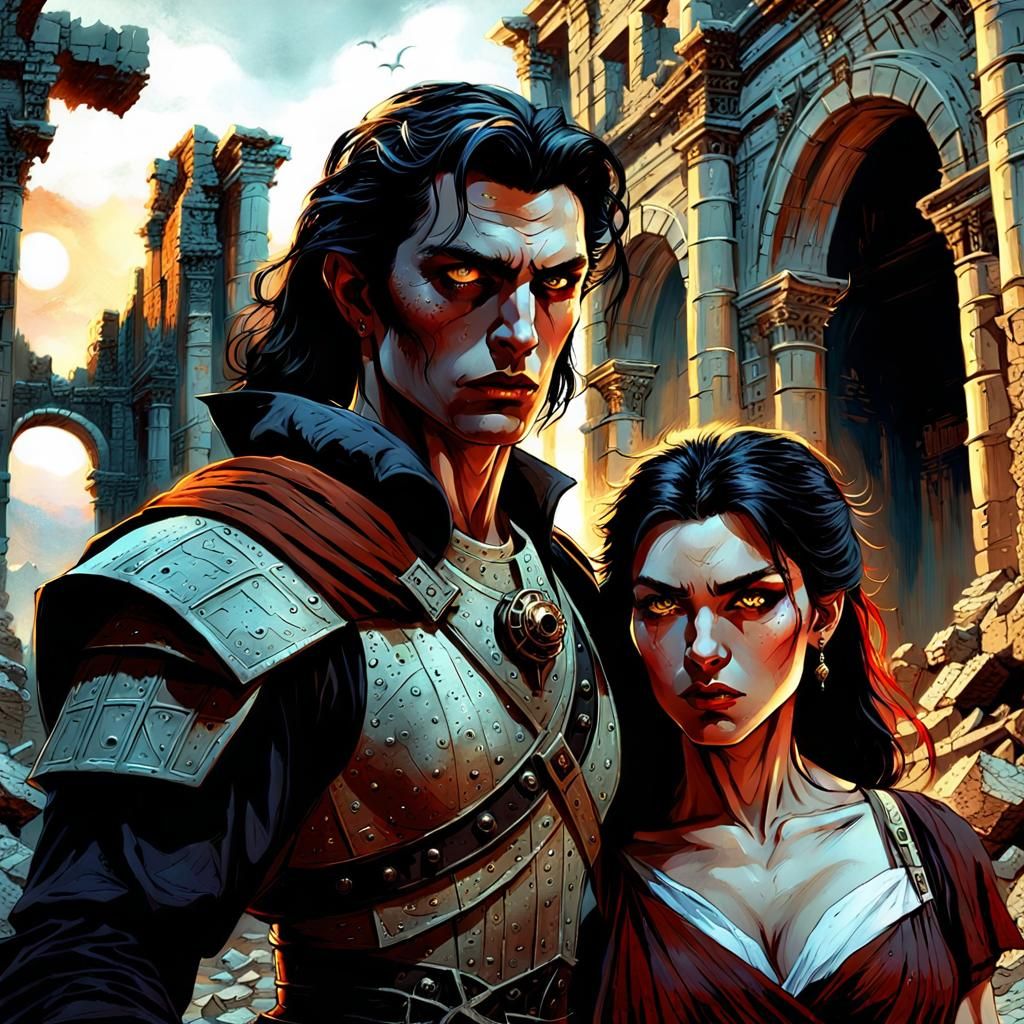 Vampire Couple in Ruined City: Dark Fantasy Art