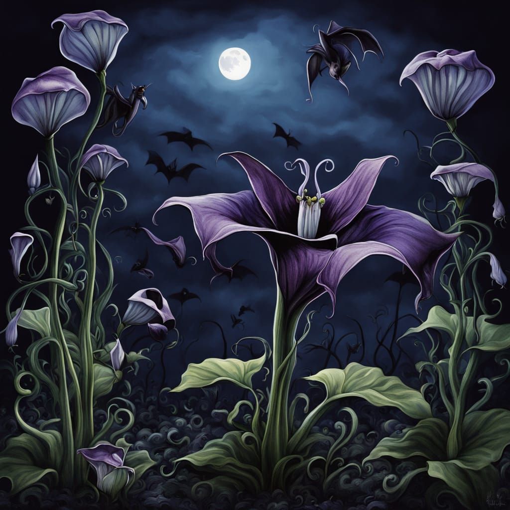 Eerie Gothic Garden with Black Bat Flower in Moonlight