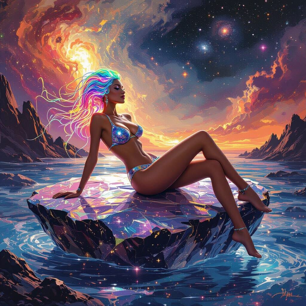 Martian Model Lounging in Cosmic Ocean, Hyperrealistic Style