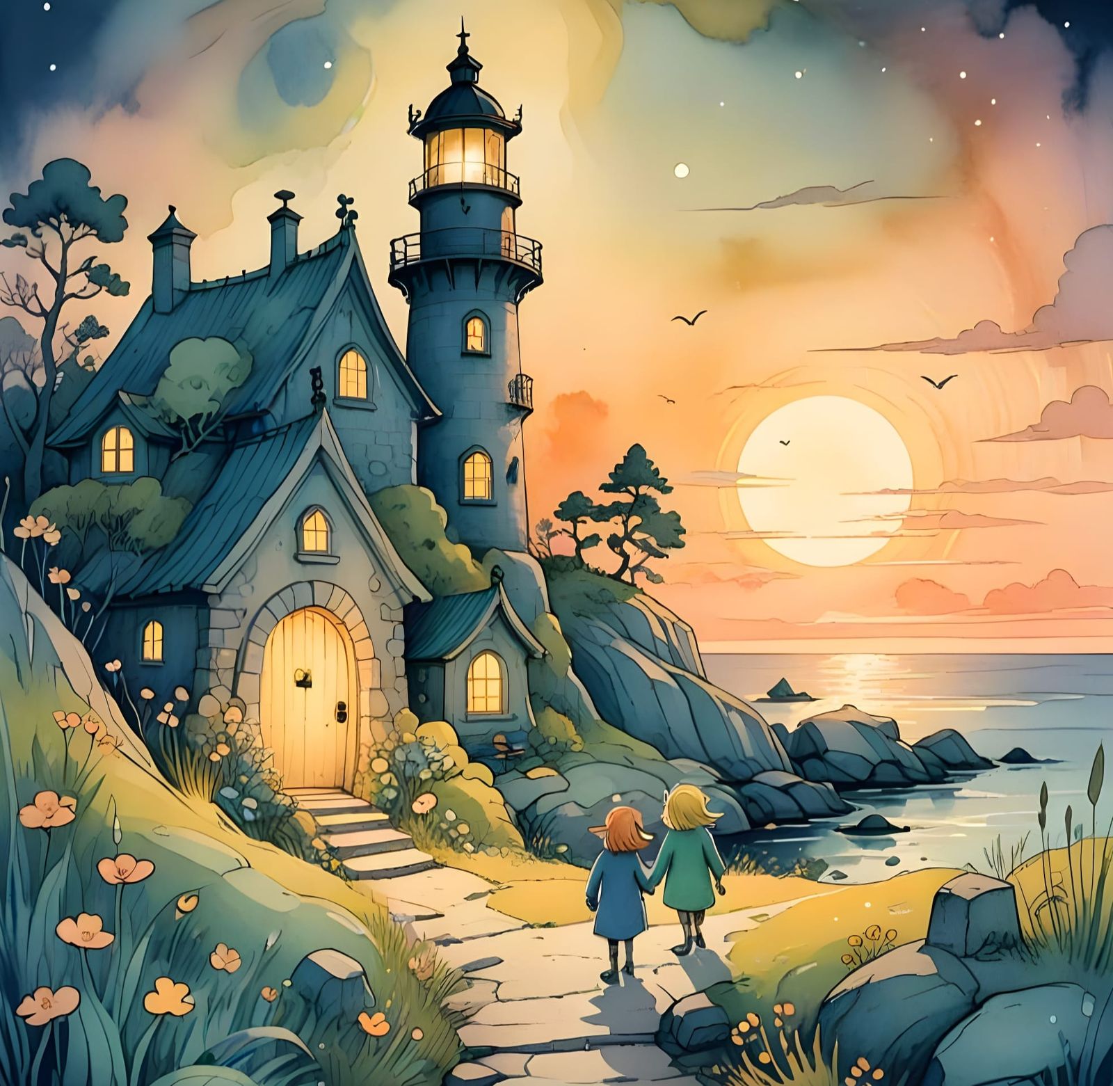 Fantasy Trolls at Lighthouse: Tove Jansson Style Illustratio...