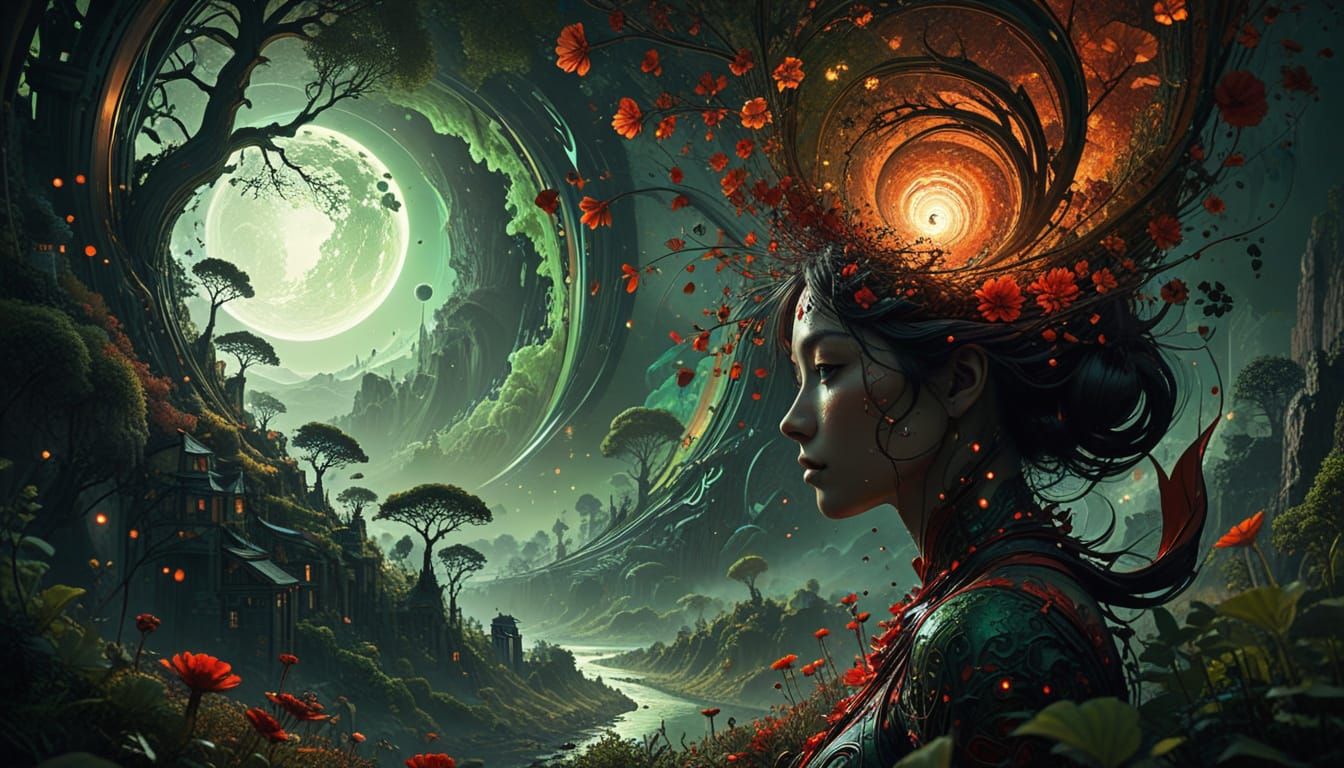 Fractal Woman Silhouette in Black and Red