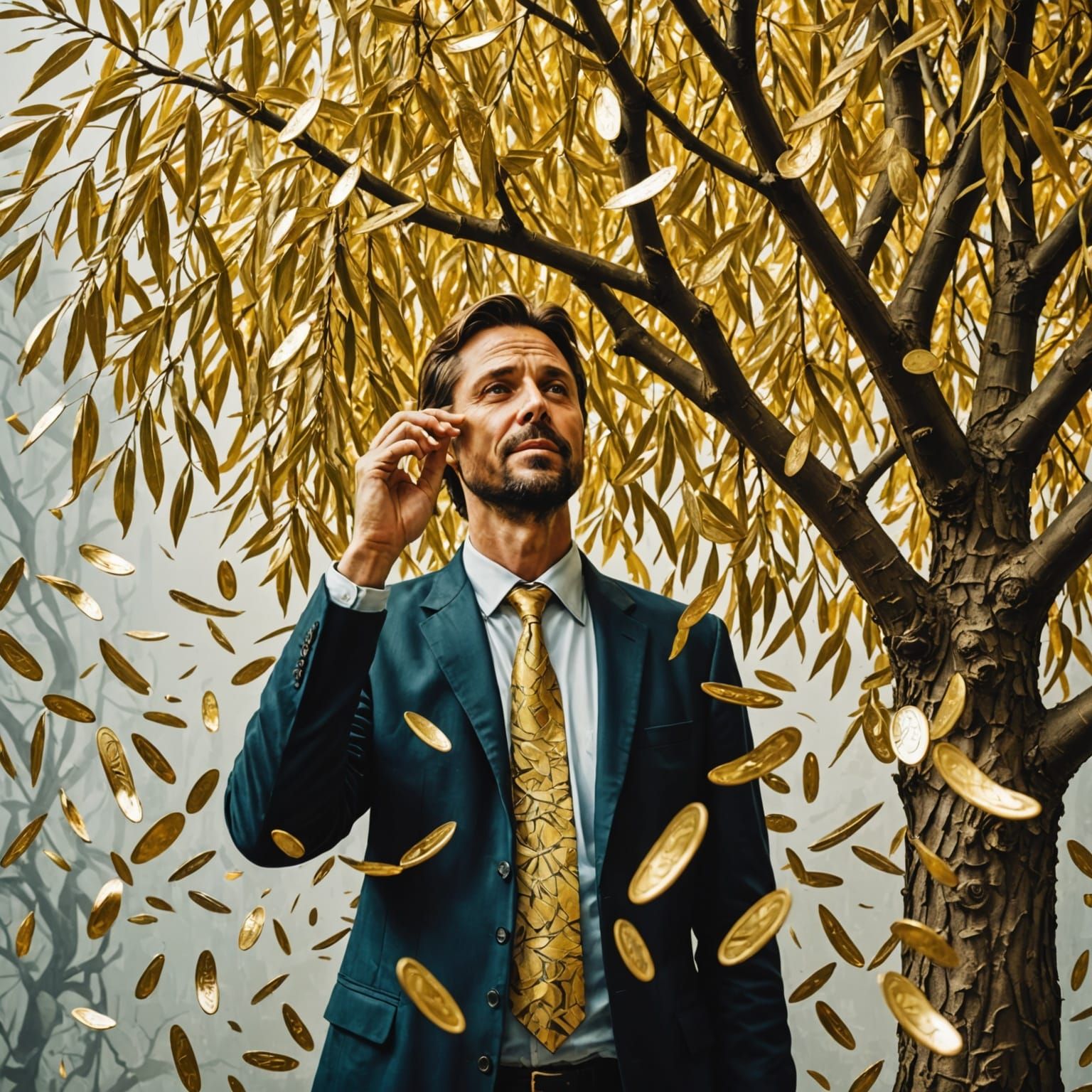 Golden Fortune Tree with Euro Wealth, Joyful Figure Below