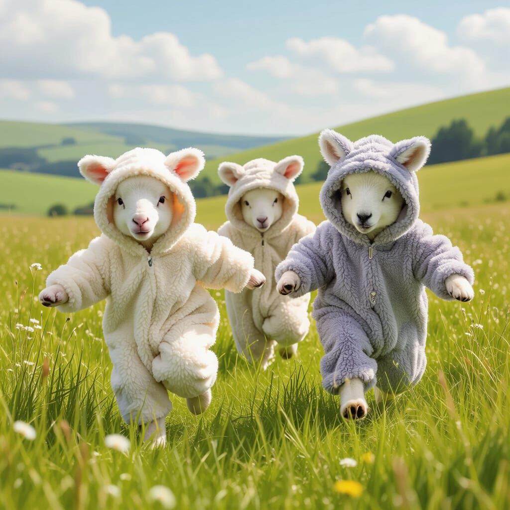 Lambs in Wolf Costumes in Whimsical Meadow
