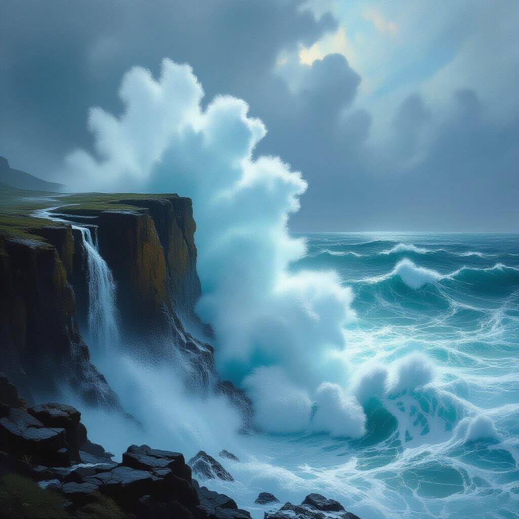 Crashing Wave on Cliff in Atmospheric Style