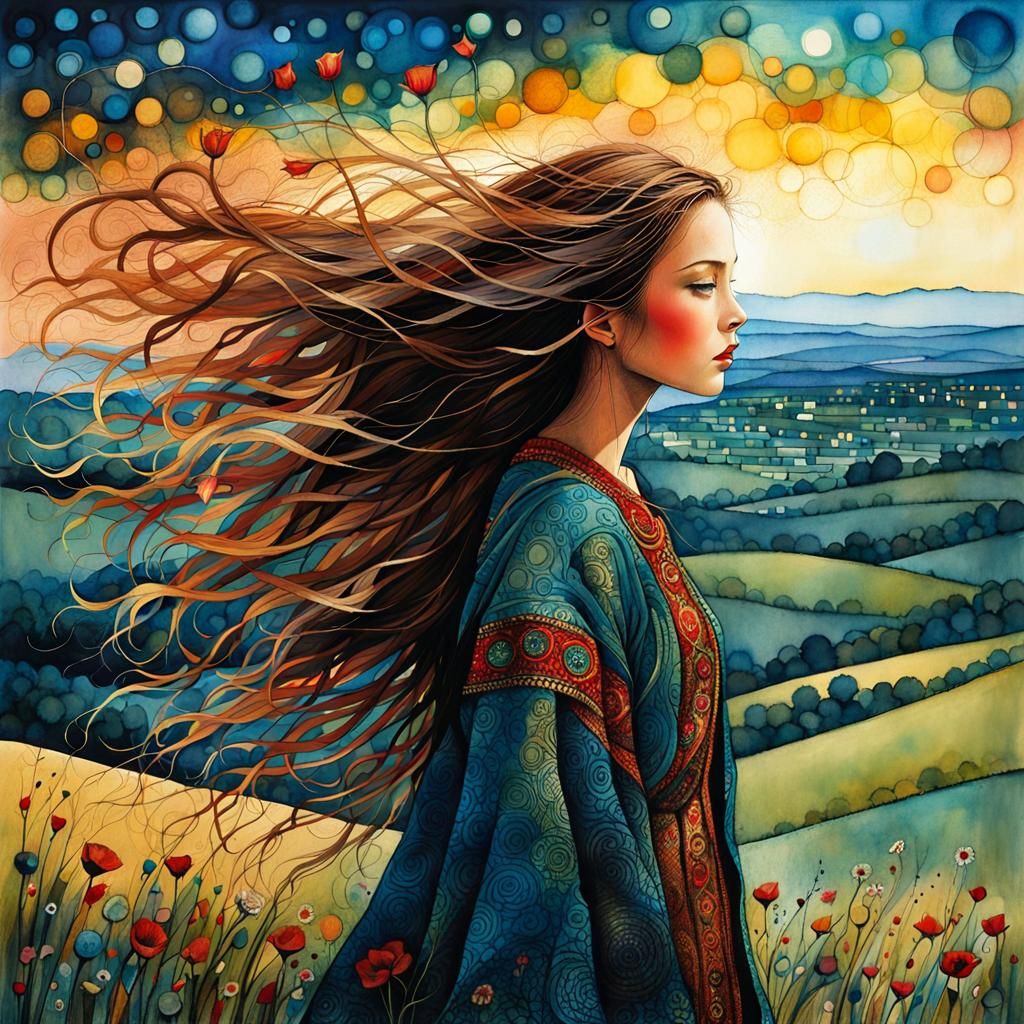 Girl on Windy Hill in Art Brut Style