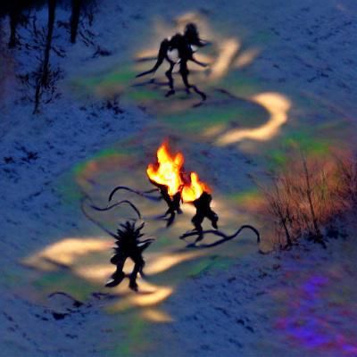 Backlit Shadow Demons Dancing Around Fire