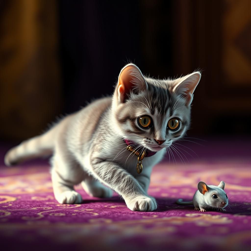 Gray Cat in Jewel-Toned Room: Hyperrealistic 3D Render