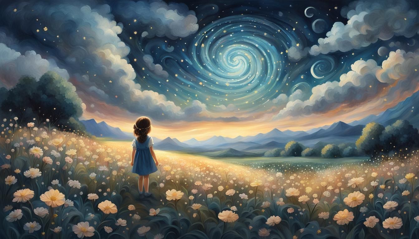 Moonlit Flower Field with Girl: Ornate Oil Painting