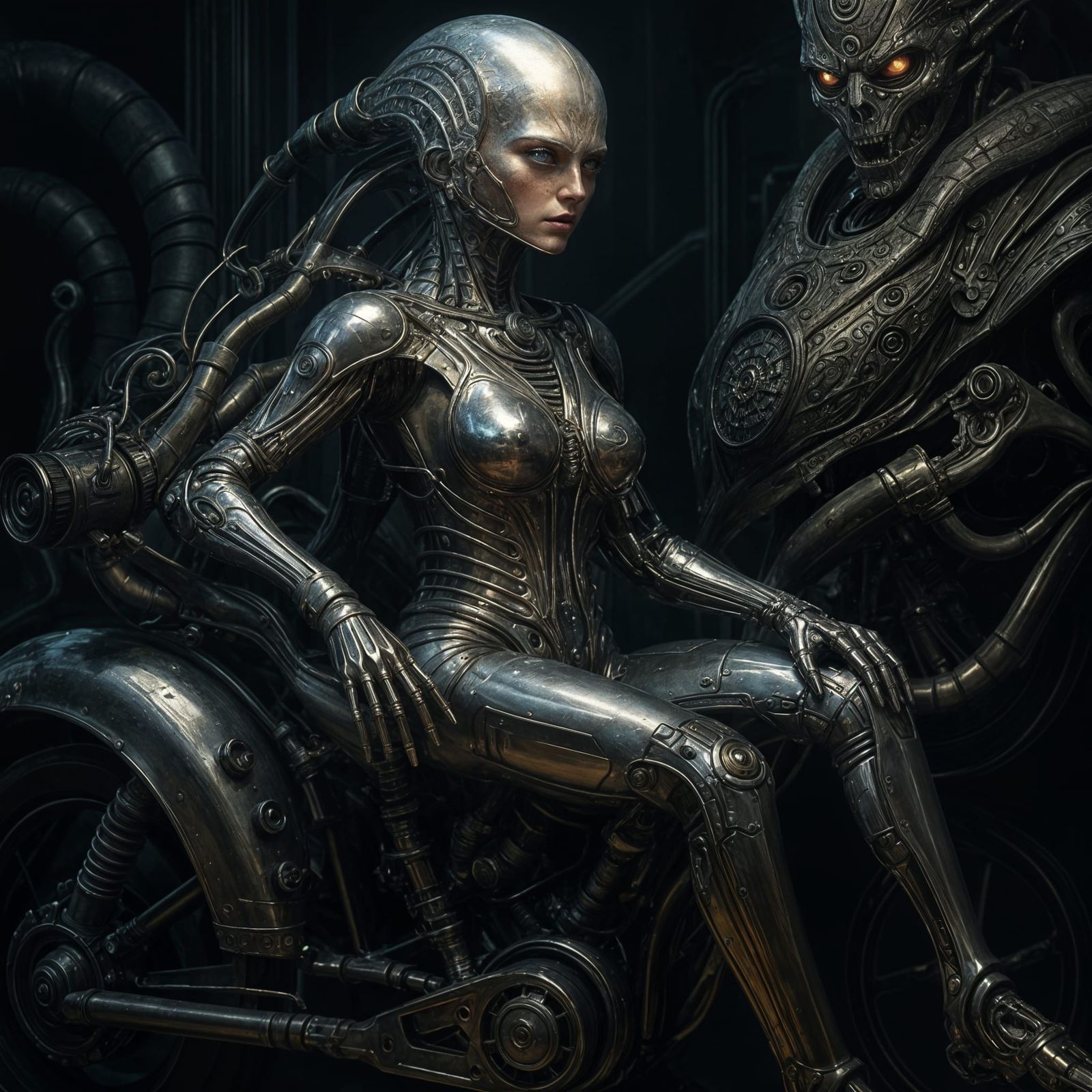 Biomechanical Chrome Woman Motorcycle Symbiosis