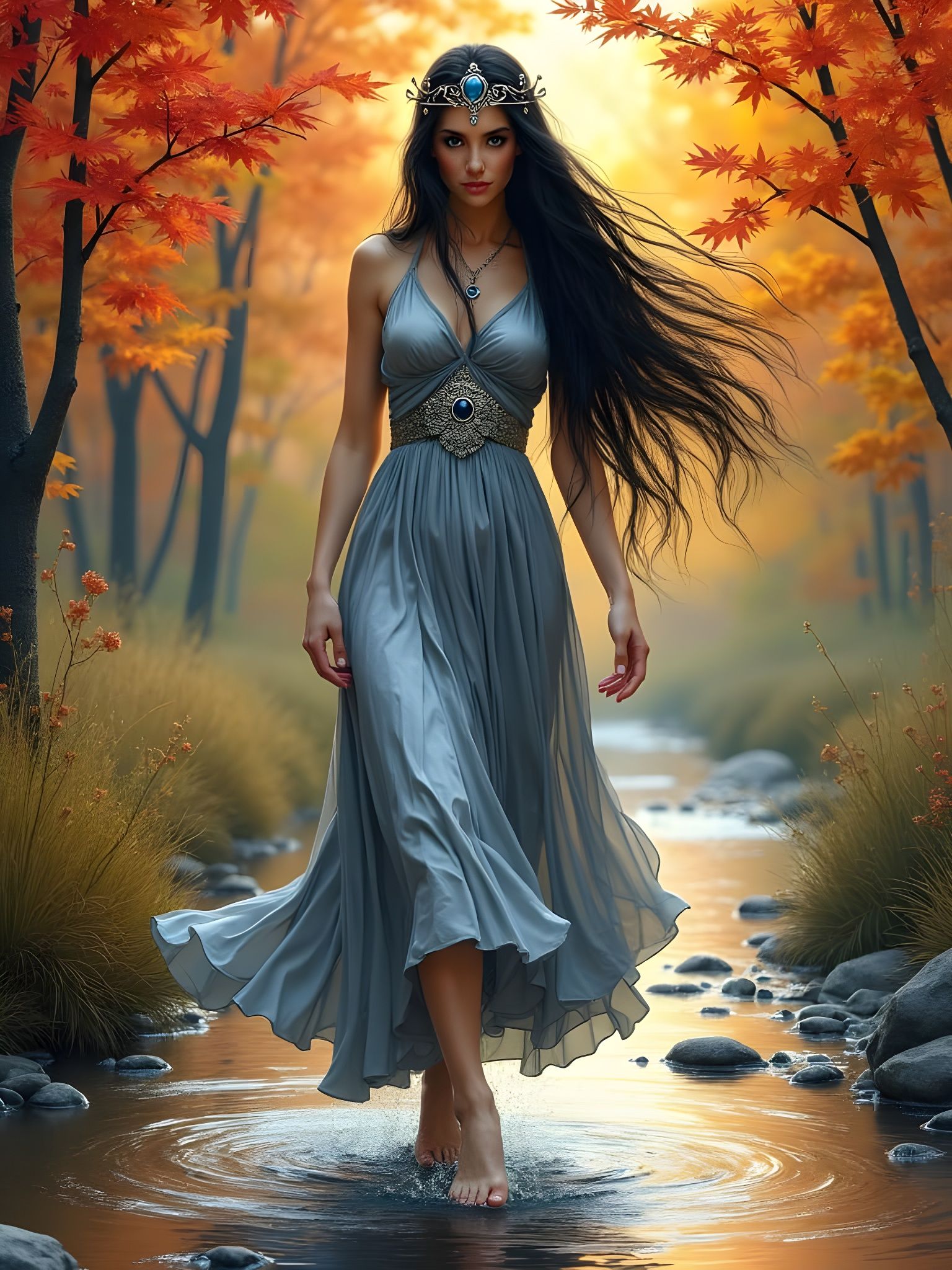 Norse Goddess in Autumn Landscape, Oil Painting