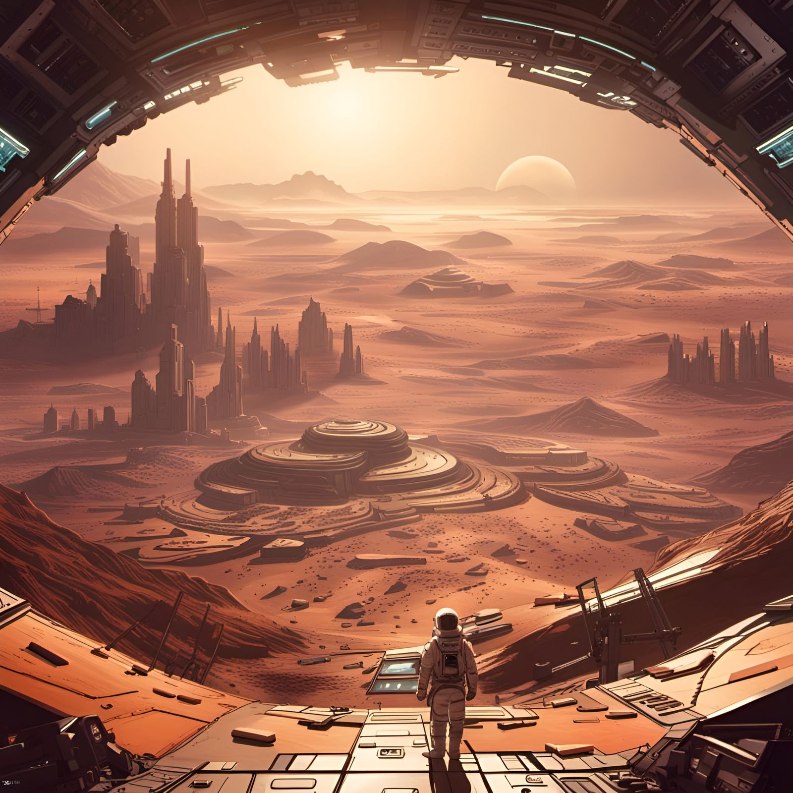 Martian Astronaut Walking out of Spaceship