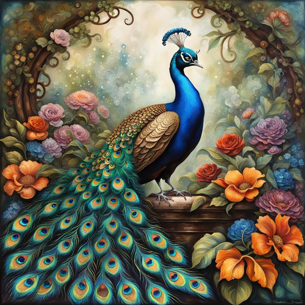 Steampunk Peacock in Garden of Eden Painting
