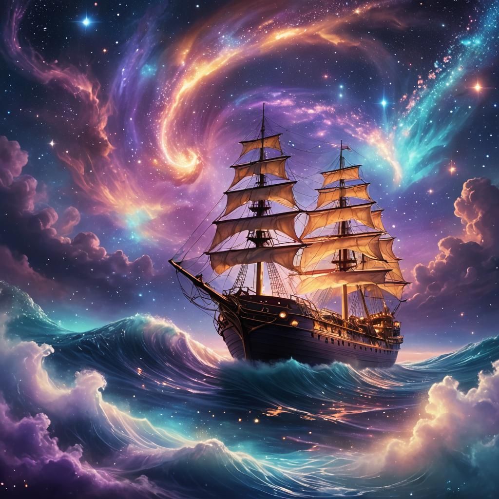 Ship Sails Through Stars with Mermaids: Celestial Impression...