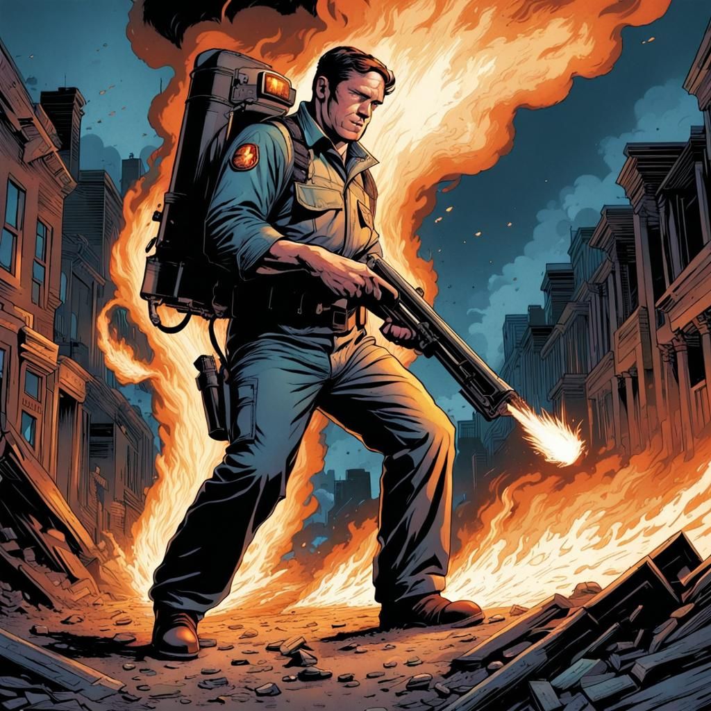 Flamethrower Man in Comic Book Art Style
