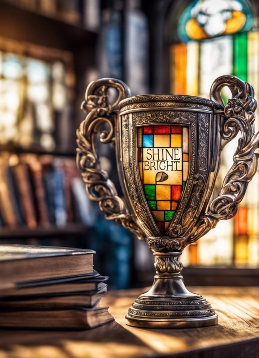 Stained Glass Trophy on Bookshelf, Hyperrealistic