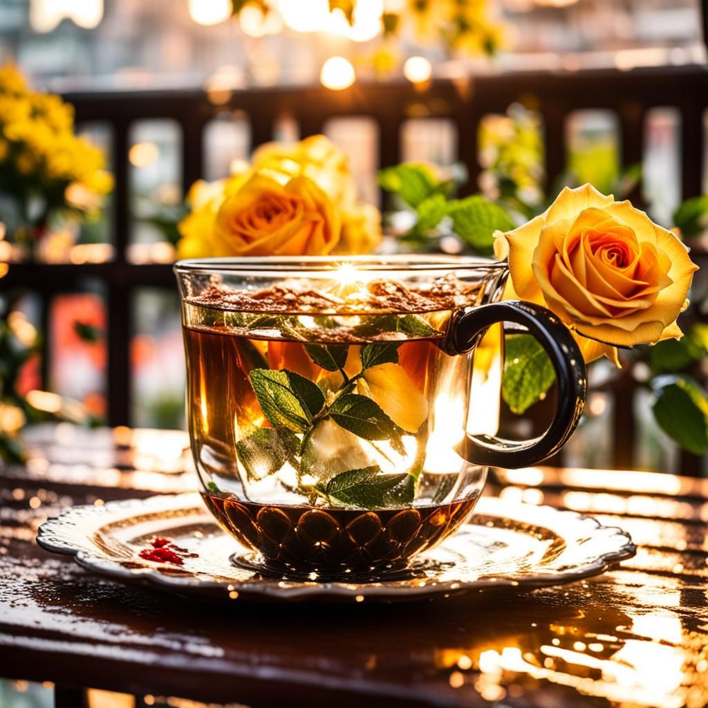 Roses and Tea on Balcony in Sunlight