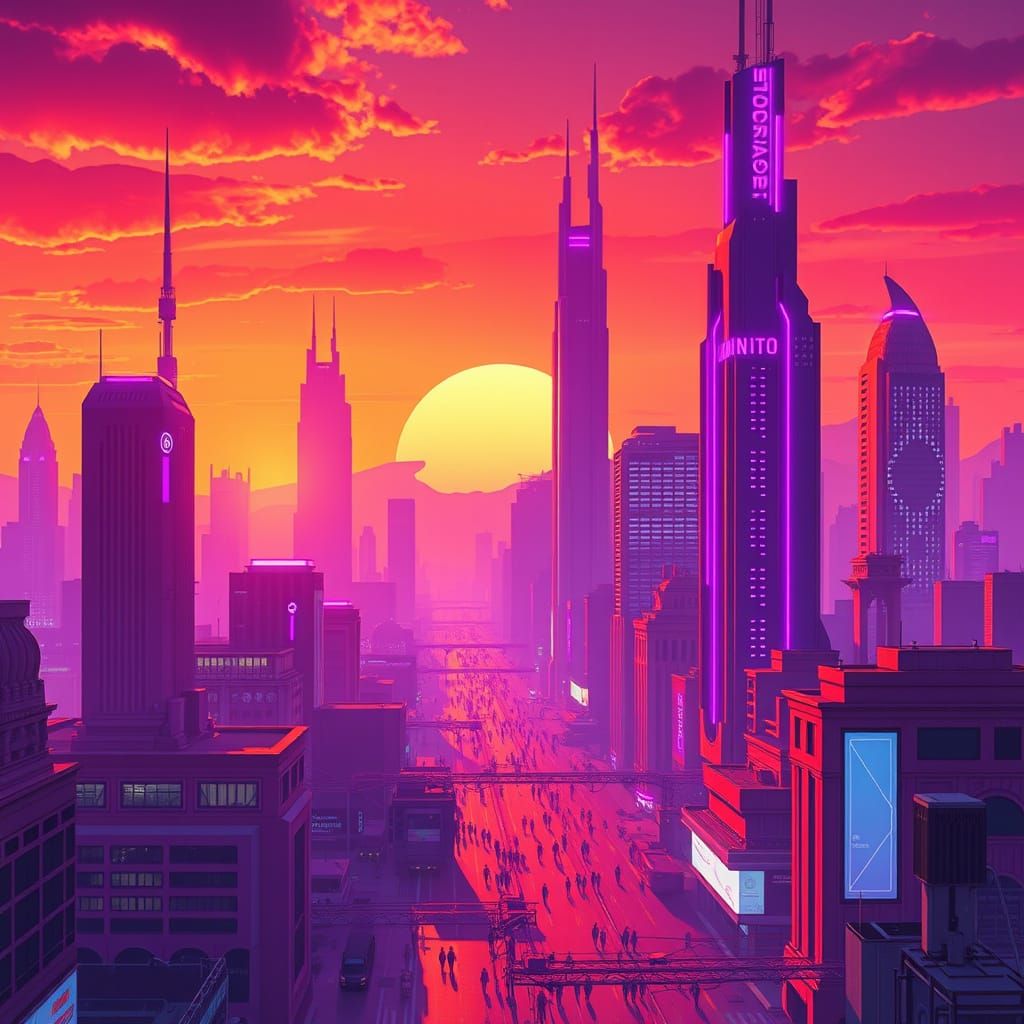 Futuristic Cityscape in Vibrant Purple and Orange Hues