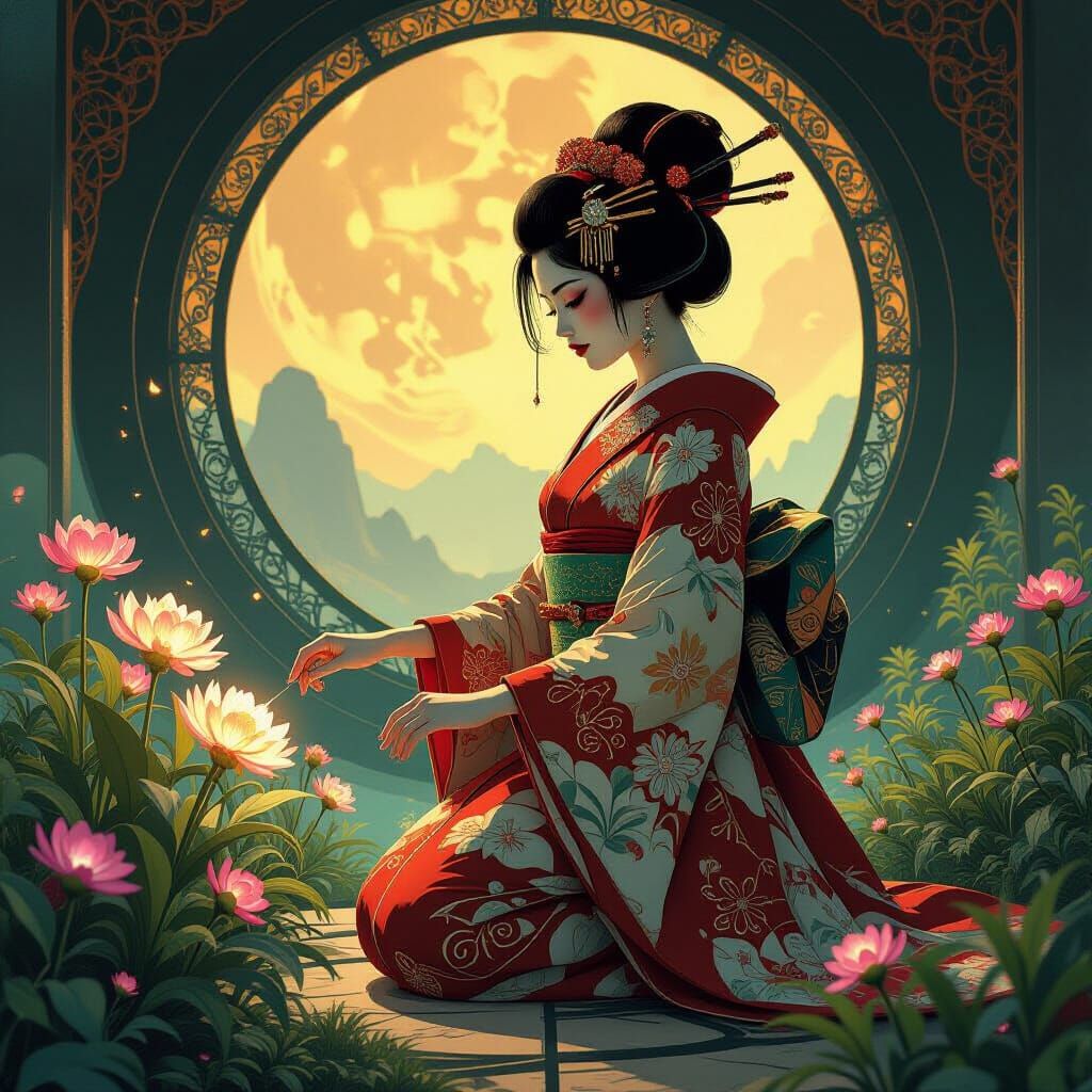 Biopunk Android Geisha in Martian Garden