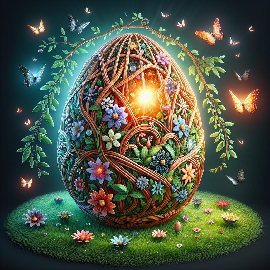 Ornate Wicker Easter Egg with Spring Flowers