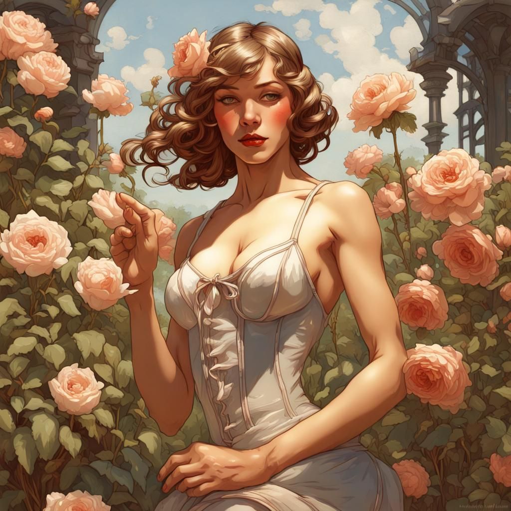 1920s Pin-Up Girl Picking Roses, Art Nouveau Style