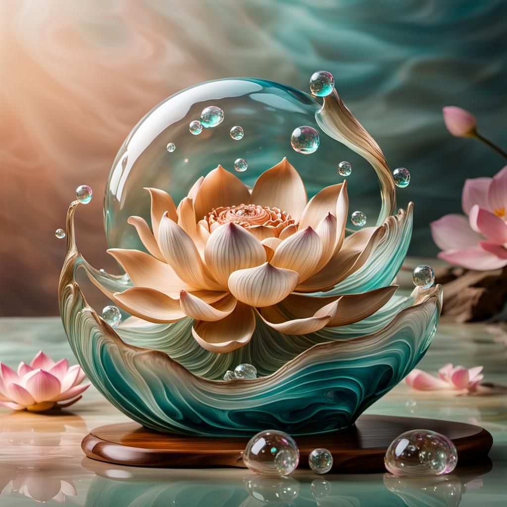 Art Nouveau Glass Wave Sculpture with Lotus Flower