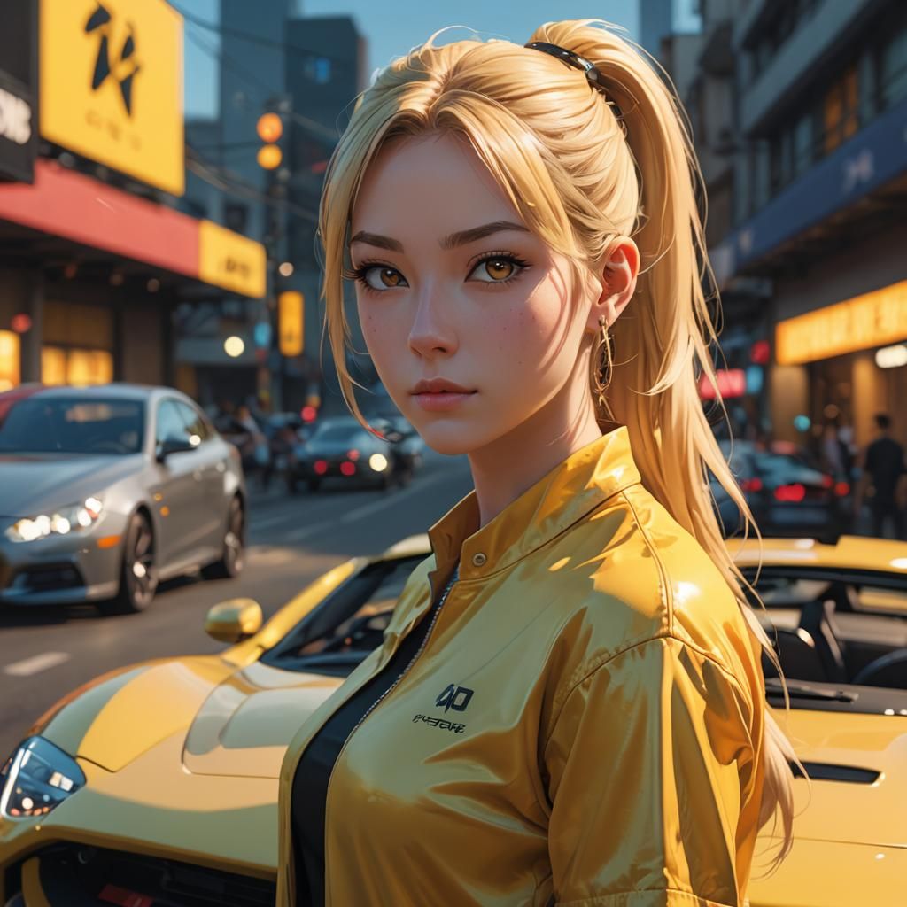 Anime Girl at Sports Car Show in 3D Style