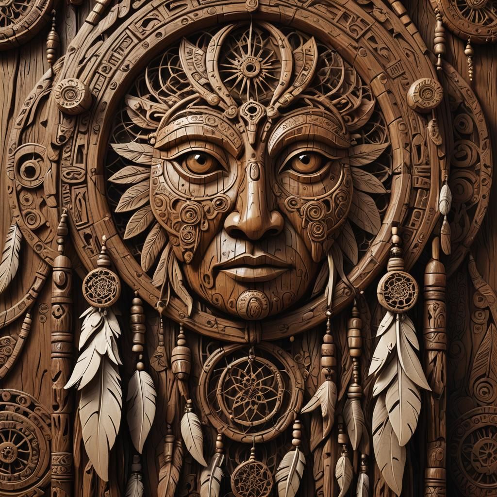 Detailed Hand-Carved Wooden Totem in Digital Art